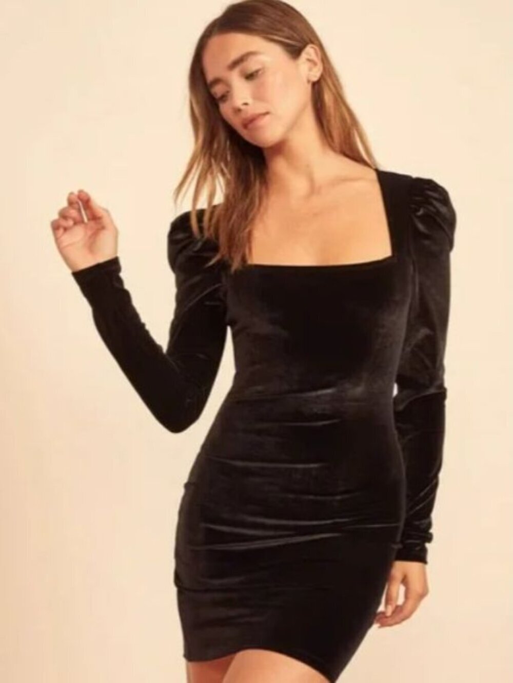 Reformation Black Velvet Mini Dress XL Puff Sleeve Square Neck Stretch Bodycon